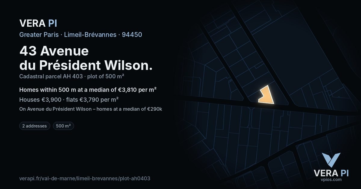 43 Avenue du Président Wilson, Limeil-Brévannes at night – the plot lit, the parcels around coloured by the prices near them