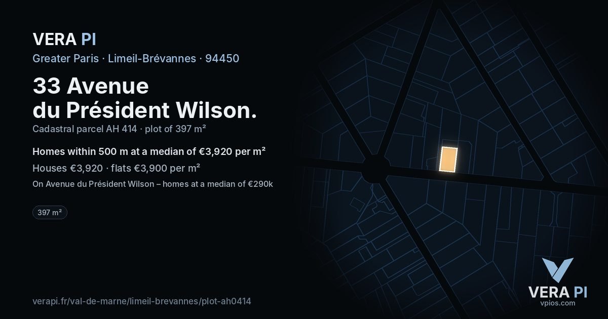 33 Avenue du Président Wilson, Limeil-Brévannes at night – the plot lit, the parcels around coloured by the prices near them