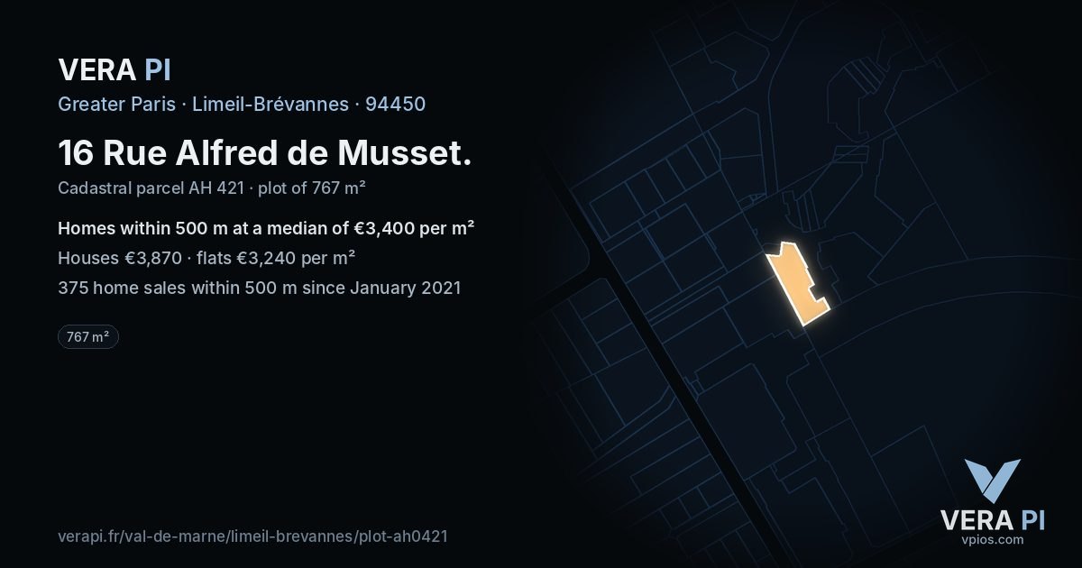 16 Rue Alfred de Musset, Limeil-Brévannes at night – the plot lit, the parcels around coloured by the prices near them