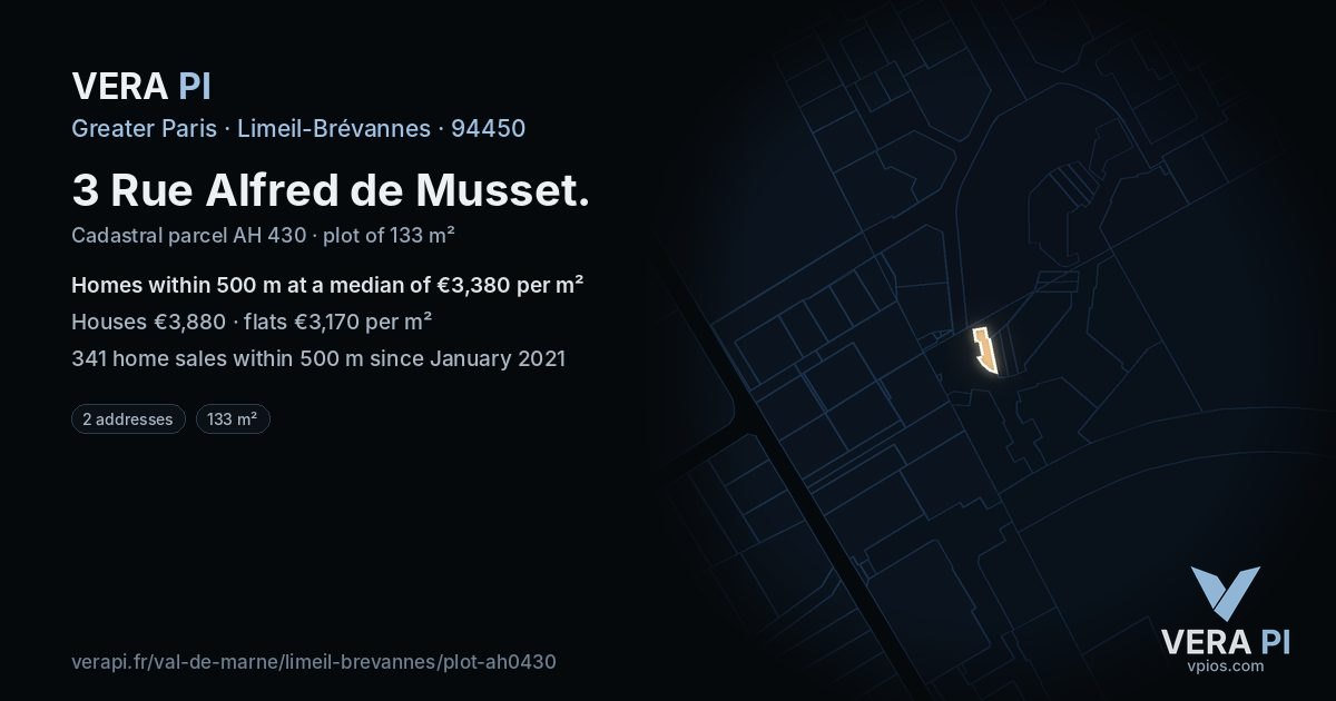 3 Rue Alfred de Musset, Limeil-Brévannes at night – the plot lit, the parcels around coloured by the prices near them