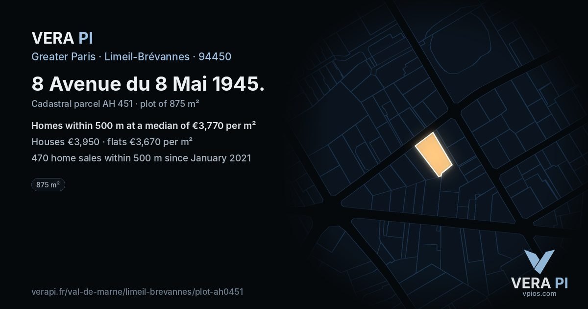 8 Avenue du 8 Mai 1945, Limeil-Brévannes at night – the plot lit, the parcels around coloured by the prices near them