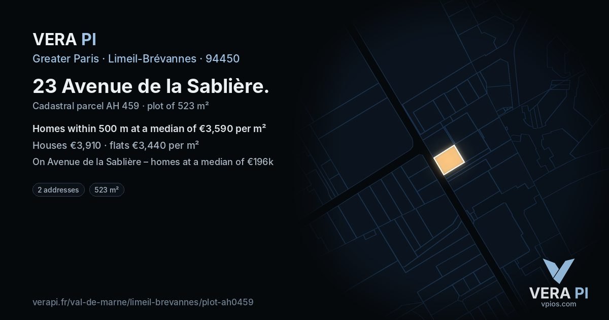 23 Avenue de la Sablière, Limeil-Brévannes at night – the plot lit, the parcels around coloured by the prices near them