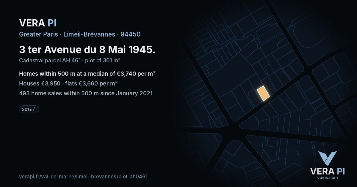 3 ter Avenue du 8 Mai 1945, Limeil-Brévannes at night – the plot lit, the parcels around coloured by the prices near them