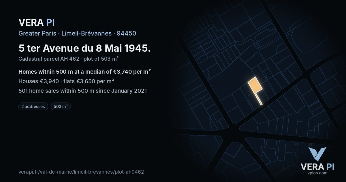 5 ter Avenue du 8 Mai 1945, Limeil-Brévannes at night – the plot lit, the parcels around coloured by the prices near them
