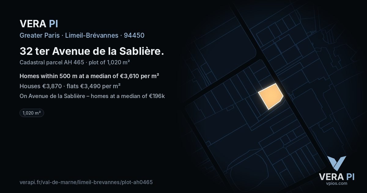 32 ter Avenue de la Sablière, Limeil-Brévannes at night – the plot lit, the parcels around coloured by the prices near them