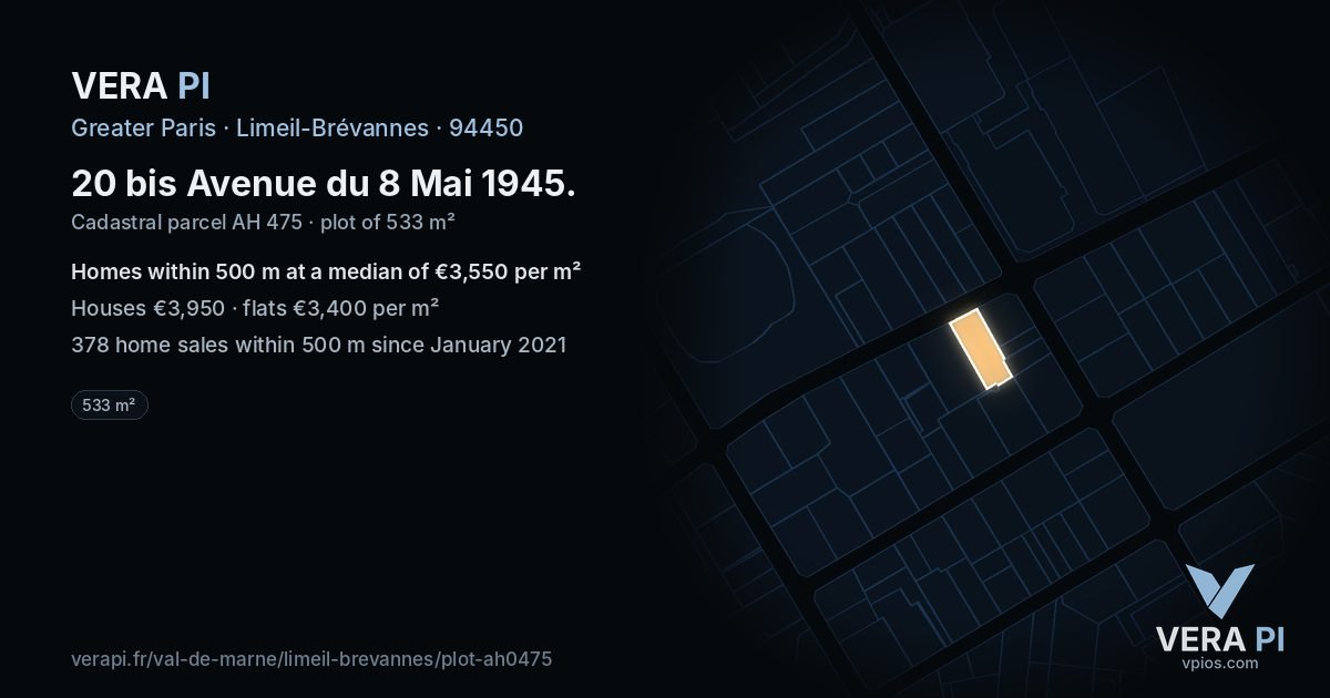 20 bis Avenue du 8 Mai 1945, Limeil-Brévannes at night – the plot lit, the parcels around coloured by the prices near them