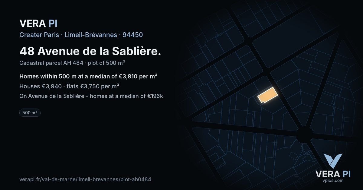 48 Avenue de la Sablière, Limeil-Brévannes at night – the plot lit, the parcels around coloured by the prices near them