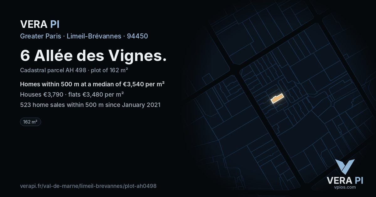 6 Allée des Vignes, Limeil-Brévannes at night – the plot lit, the parcels around coloured by the prices near them