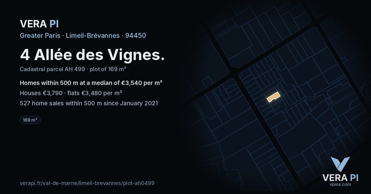 4 Allée des Vignes, Limeil-Brévannes at night – the plot lit, the parcels around coloured by the prices near them