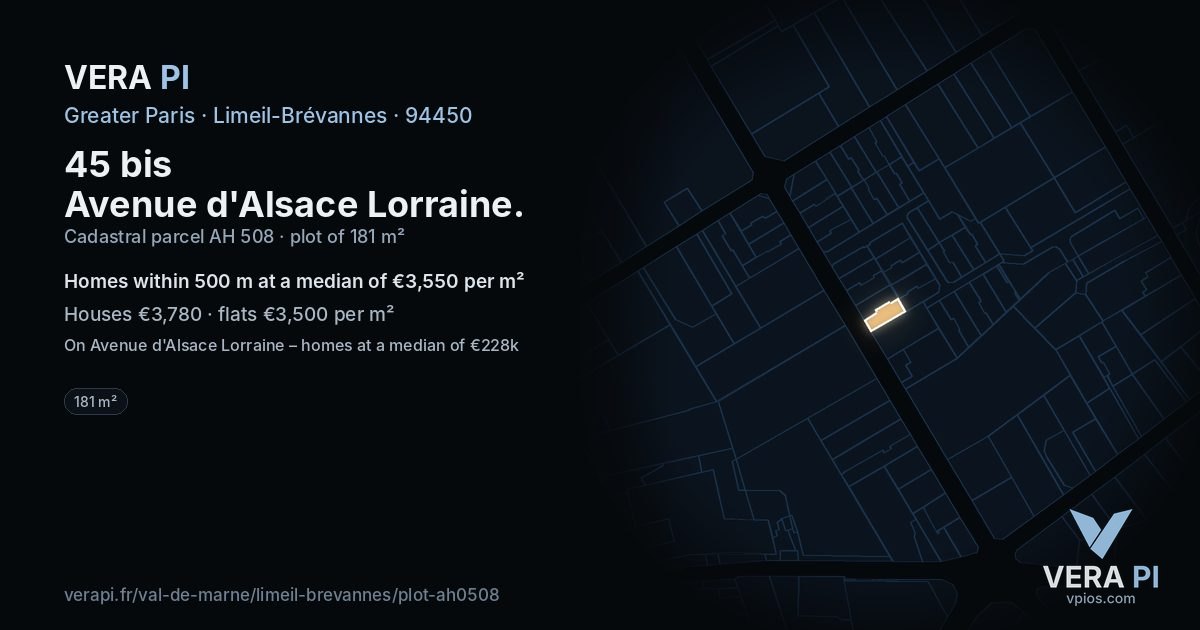45 bis Avenue d'Alsace Lorraine, Limeil-Brévannes at night – the plot lit, the parcels around coloured by the prices near them