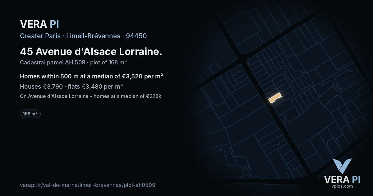 45 Avenue d'Alsace Lorraine, Limeil-Brévannes at night – the plot lit, the parcels around coloured by the prices near them