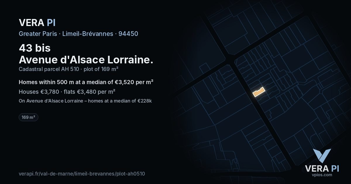 43 bis Avenue d'Alsace Lorraine, Limeil-Brévannes at night – the plot lit, the parcels around coloured by the prices near them