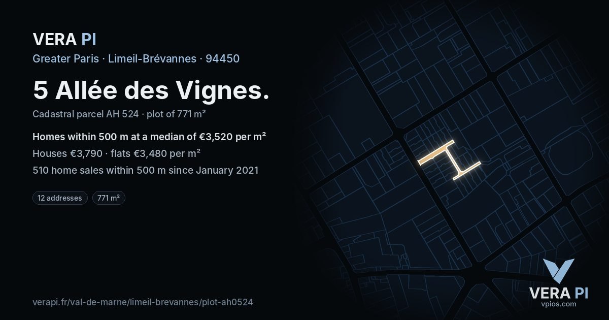 5 Allée des Vignes, Limeil-Brévannes at night – the plot lit, the parcels around coloured by the prices near them