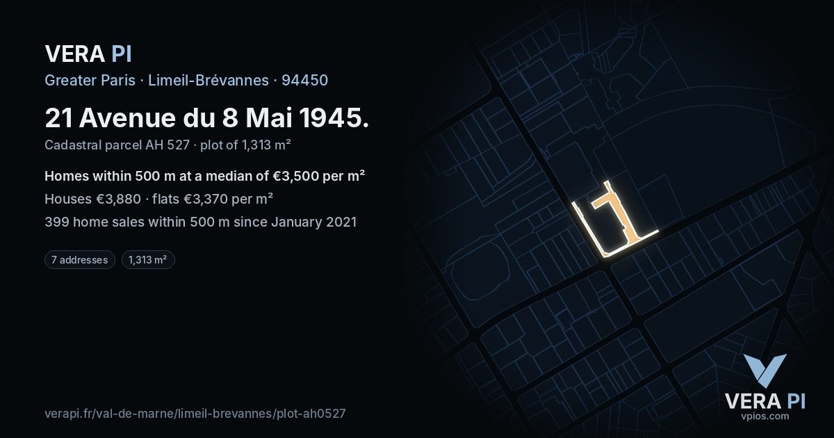 21 Avenue du 8 Mai 1945, Limeil-Brévannes at night – the plot lit, the parcels around coloured by the prices near them