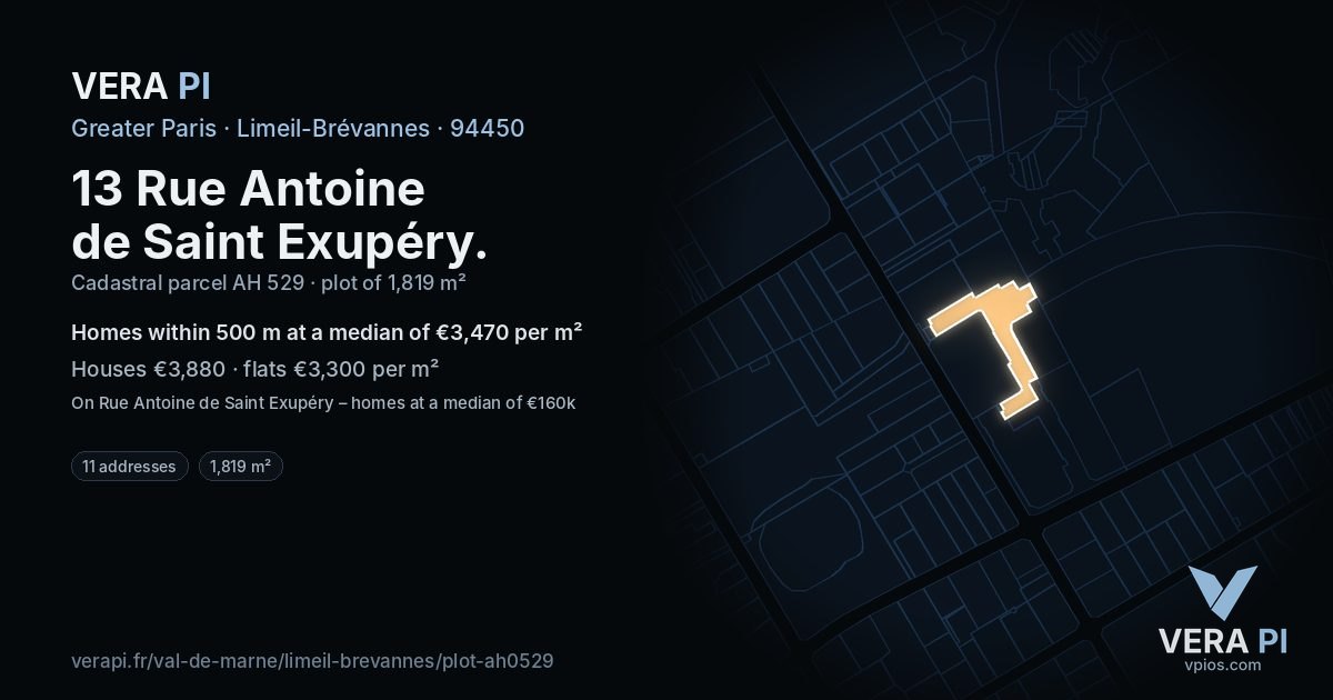 13 Rue Antoine de Saint Exupéry, Limeil-Brévannes at night – the plot lit, the parcels around coloured by the prices near them