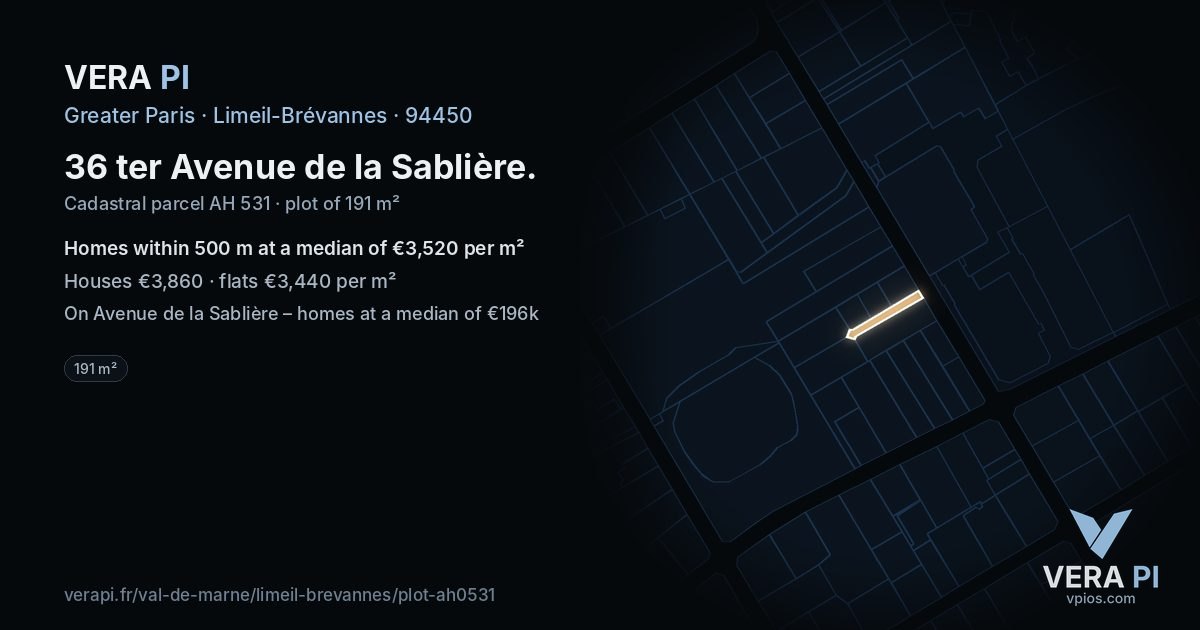 36 ter Avenue de la Sablière, Limeil-Brévannes at night – the plot lit, the parcels around coloured by the prices near them