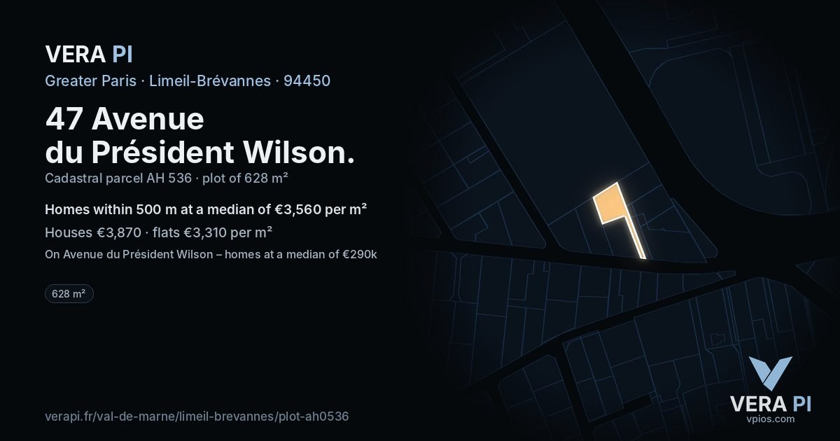 47 Avenue du Président Wilson, Limeil-Brévannes at night – the plot lit, the parcels around coloured by the prices near them
