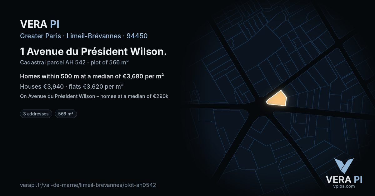 1 Avenue du Président Wilson, Limeil-Brévannes at night – the plot lit, the parcels around coloured by the prices near them