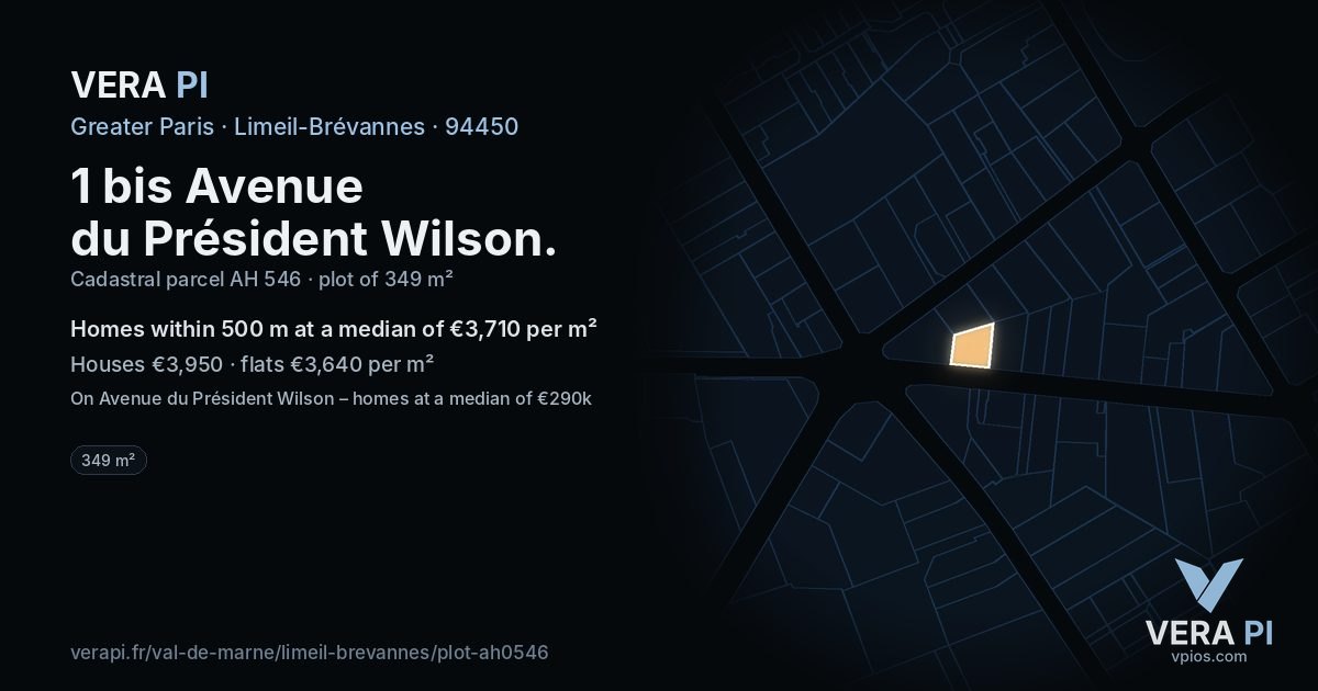 1 bis Avenue du Président Wilson, Limeil-Brévannes at night – the plot lit, the parcels around coloured by the prices near them