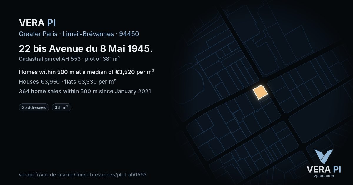 22 bis Avenue du 8 Mai 1945, Limeil-Brévannes at night – the plot lit, the parcels around coloured by the prices near them