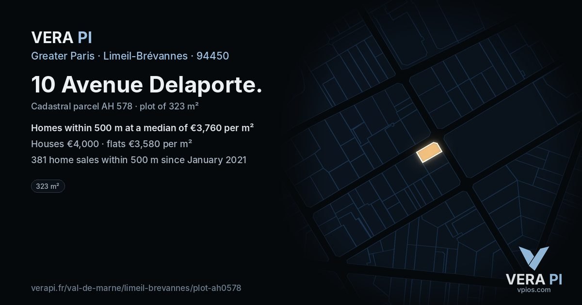 10 Avenue Delaporte, Limeil-Brévannes at night – the plot lit, the parcels around coloured by the prices near them