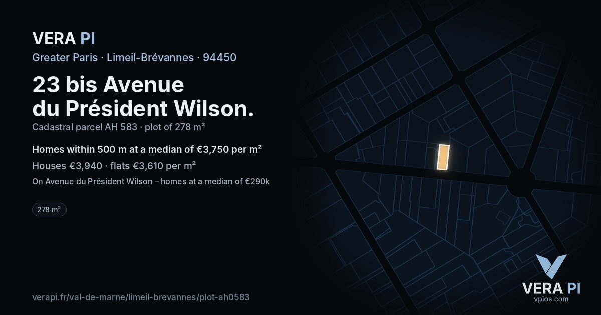 23 bis Avenue du Président Wilson, Limeil-Brévannes at night – the plot lit, the parcels around coloured by the prices near them