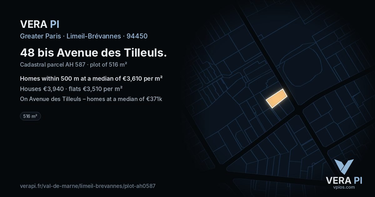 48 bis Avenue des Tilleuls, Limeil-Brévannes at night – the plot lit, the parcels around coloured by the prices near them