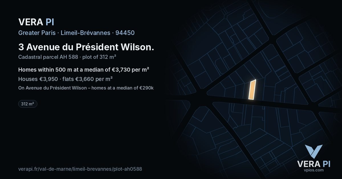 3 Avenue du Président Wilson, Limeil-Brévannes at night – the plot lit, the parcels around coloured by the prices near them