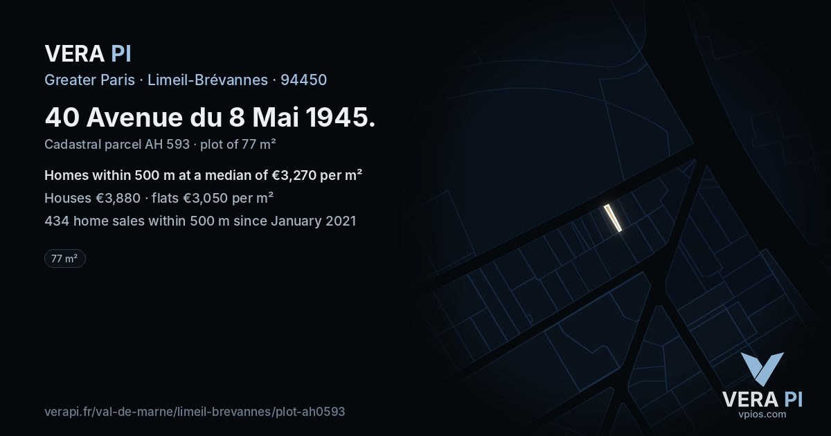 40 Avenue du 8 Mai 1945, Limeil-Brévannes at night – the plot lit, the parcels around coloured by the prices near them
