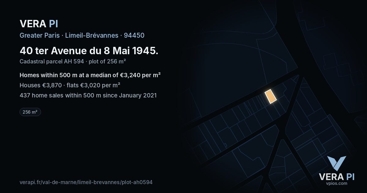 40 ter Avenue du 8 Mai 1945, Limeil-Brévannes at night – the plot lit, the parcels around coloured by the prices near them
