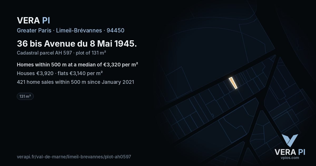 36 bis Avenue du 8 Mai 1945, Limeil-Brévannes at night – the plot lit, the parcels around coloured by the prices near them