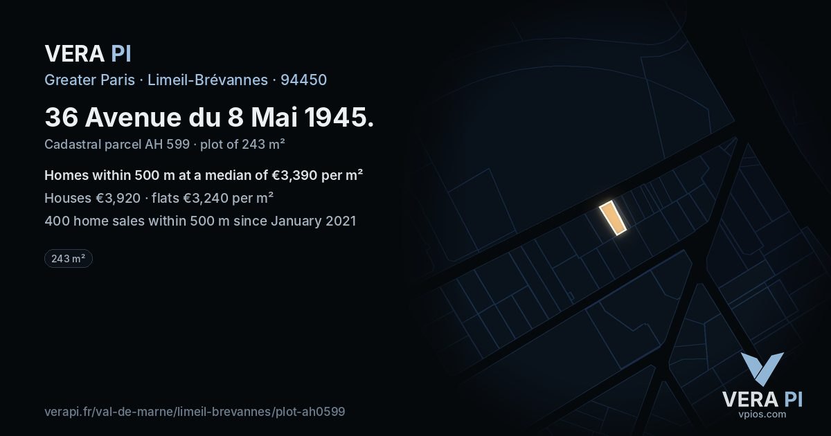 36 Avenue du 8 Mai 1945, Limeil-Brévannes at night – the plot lit, the parcels around coloured by the prices near them