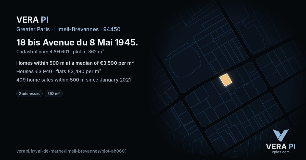 18 bis Avenue du 8 Mai 1945, Limeil-Brévannes at night – the plot lit, the parcels around coloured by the prices near them