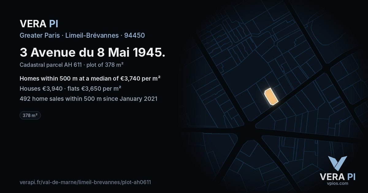 3 Avenue du 8 Mai 1945, Limeil-Brévannes at night – the plot lit, the parcels around coloured by the prices near them