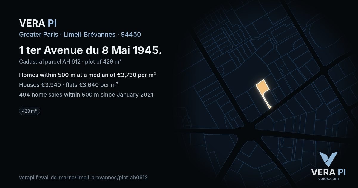 1 ter Avenue du 8 Mai 1945, Limeil-Brévannes at night – the plot lit, the parcels around coloured by the prices near them