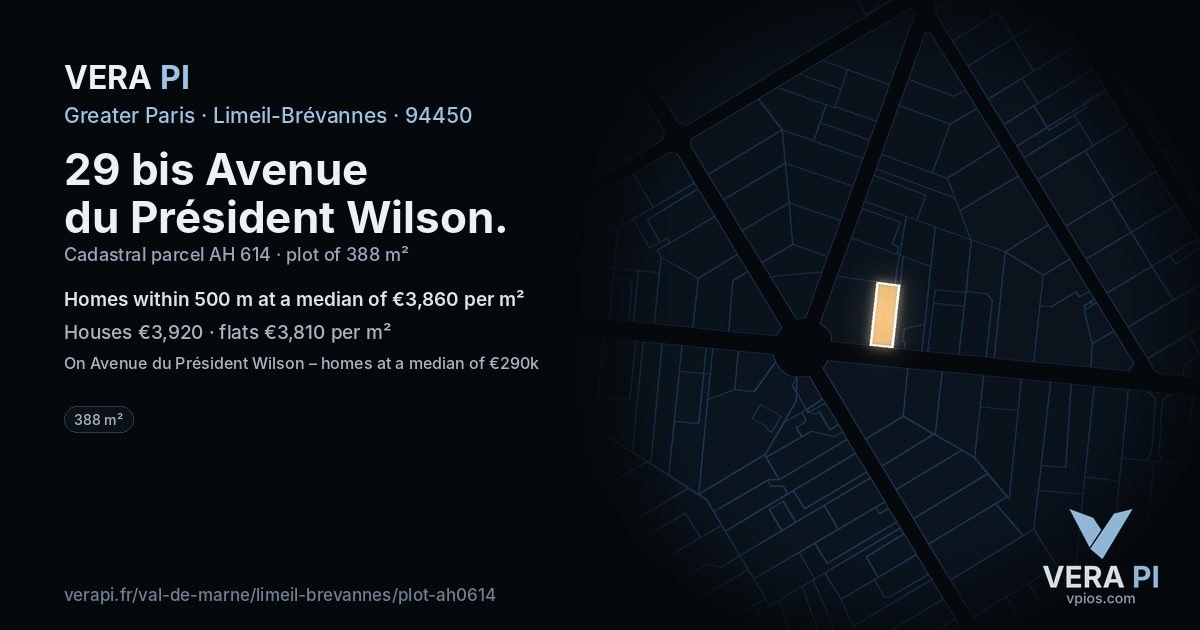 29 bis Avenue du Président Wilson, Limeil-Brévannes at night – the plot lit, the parcels around coloured by the prices near them