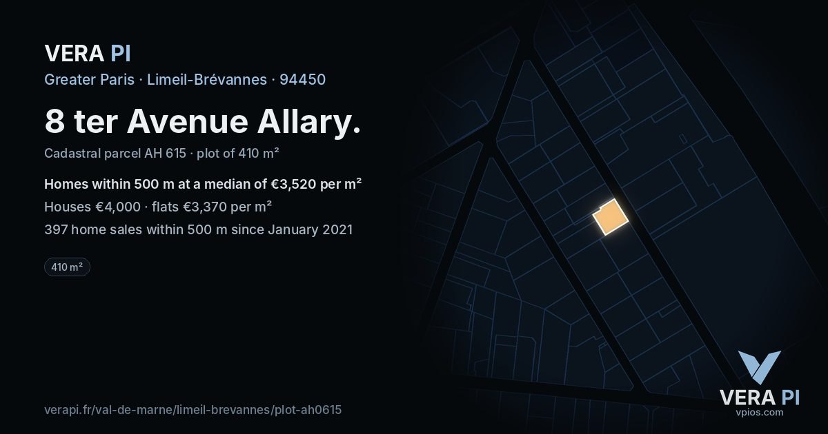 8 ter Avenue Allary, Limeil-Brévannes at night – the plot lit, the parcels around coloured by the prices near them