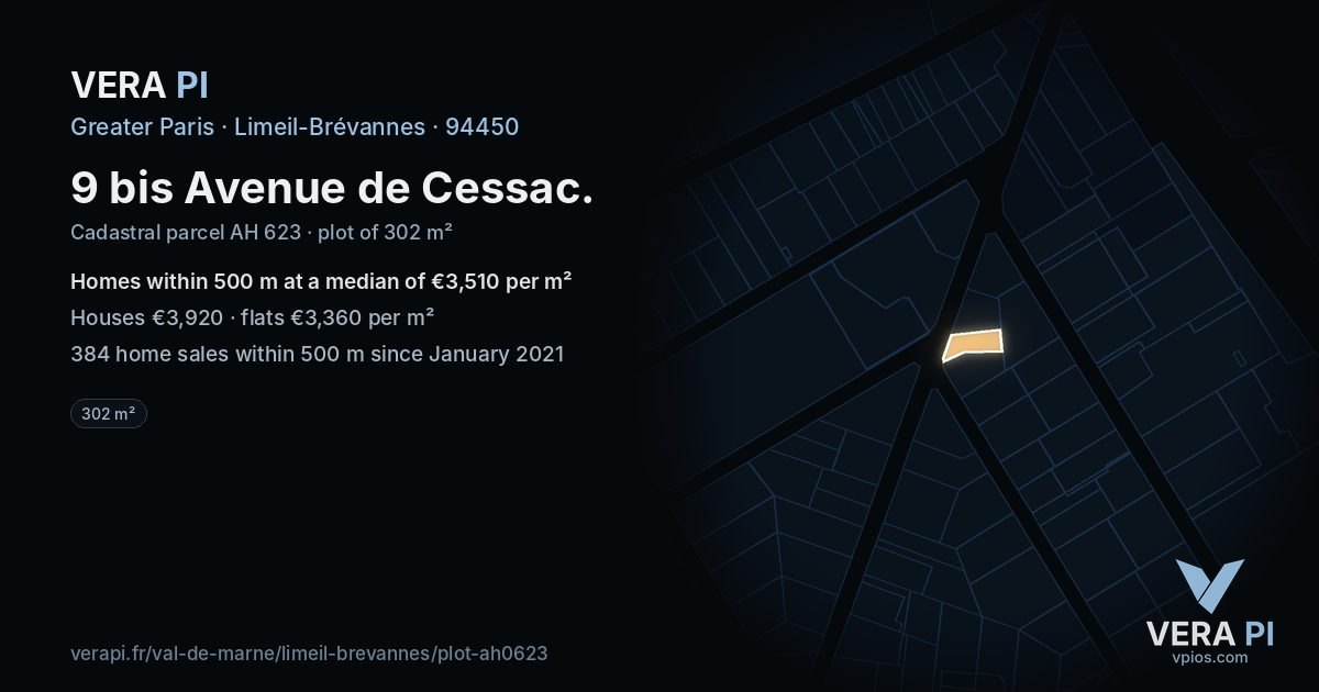 9 bis Avenue de Cessac, Limeil-Brévannes at night – the plot lit, the parcels around coloured by the prices near them