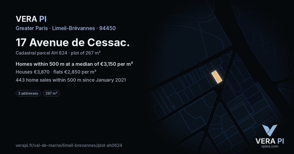 17 Avenue de Cessac, Limeil-Brévannes at night – the plot lit, the parcels around coloured by the prices near them