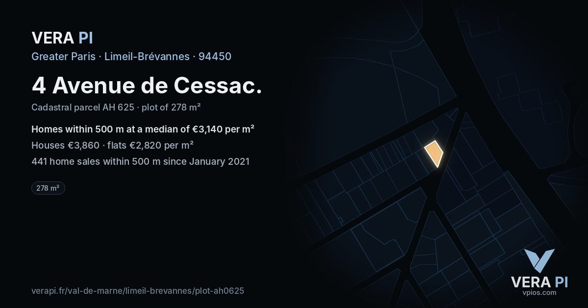 4 Avenue de Cessac, Limeil-Brévannes at night – the plot lit, the parcels around coloured by the prices near them