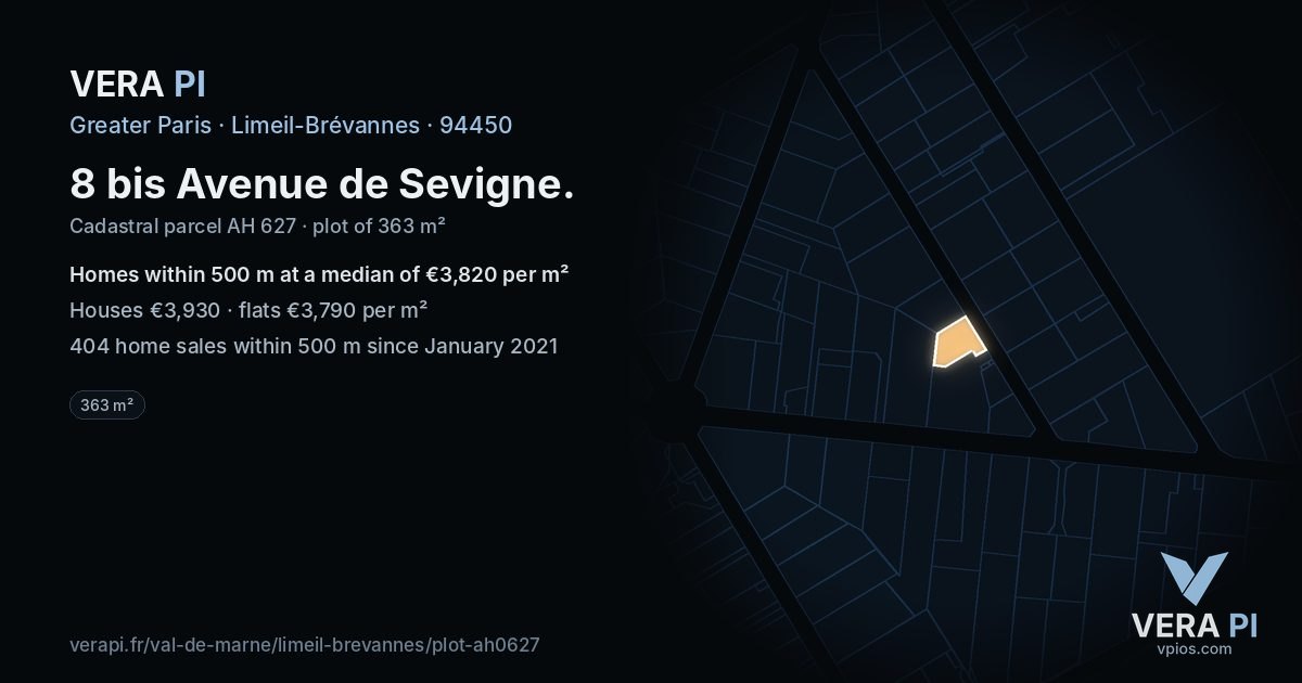 8 bis Avenue de Sevigne, Limeil-Brévannes at night – the plot lit, the parcels around coloured by the prices near them