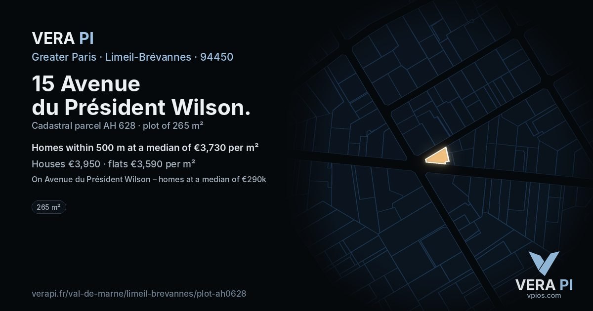 15 Avenue du Président Wilson, Limeil-Brévannes at night – the plot lit, the parcels around coloured by the prices near them