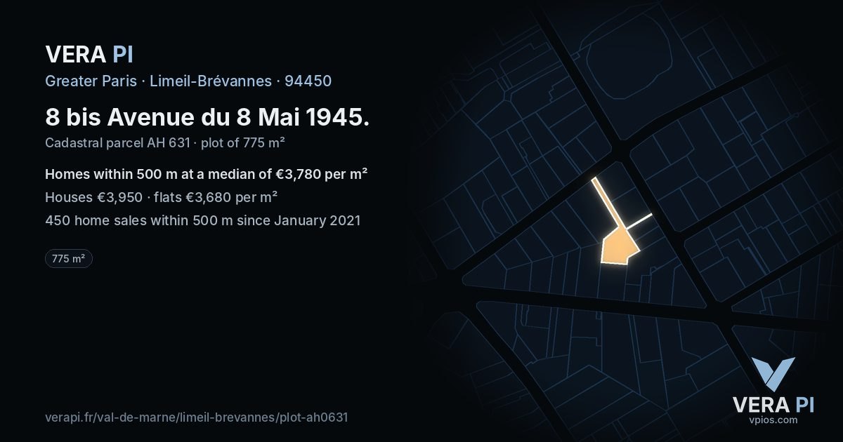8 bis Avenue du 8 Mai 1945, Limeil-Brévannes at night – the plot lit, the parcels around coloured by the prices near them
