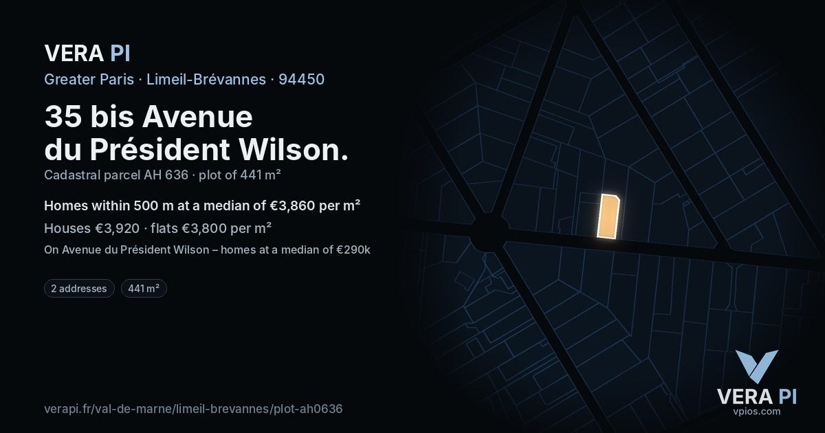 35 bis Avenue du Président Wilson, Limeil-Brévannes at night – the plot lit, the parcels around coloured by the prices near them