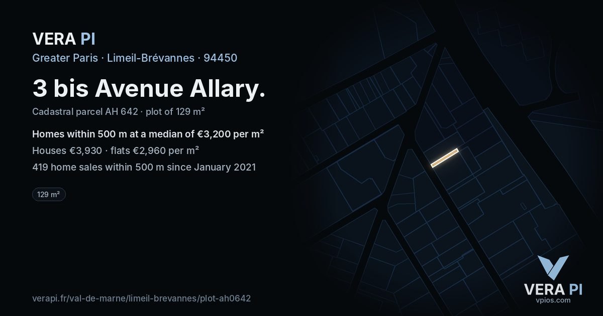 3 bis Avenue Allary, Limeil-Brévannes at night – the plot lit, the parcels around coloured by the prices near them