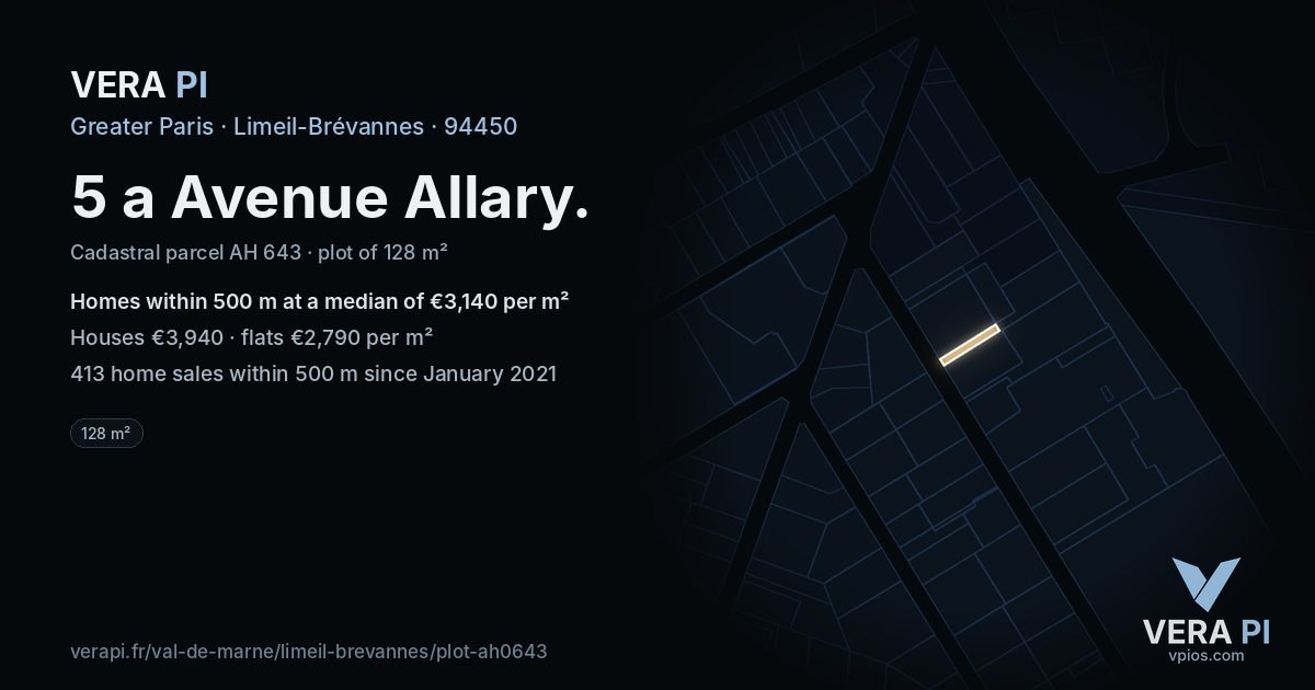 5 a Avenue Allary, Limeil-Brévannes at night – the plot lit, the parcels around coloured by the prices near them