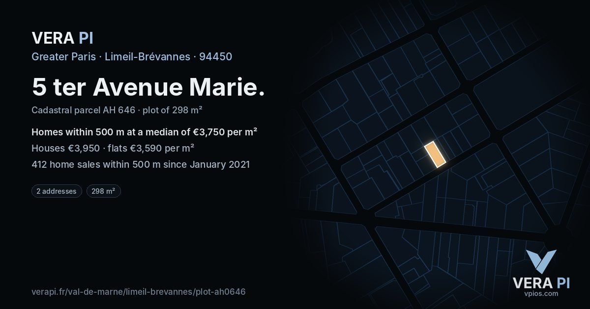 5 ter Avenue Marie, Limeil-Brévannes at night – the plot lit, the parcels around coloured by the prices near them