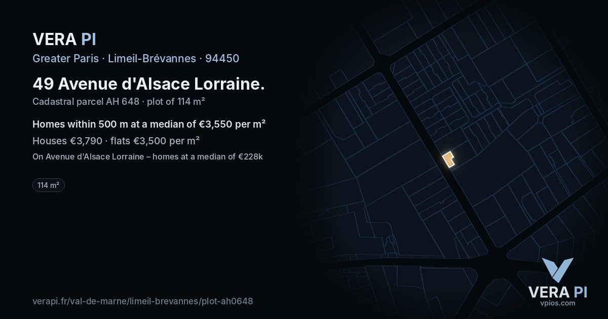 49 Avenue d'Alsace Lorraine, Limeil-Brévannes at night – the plot lit, the parcels around coloured by the prices near them