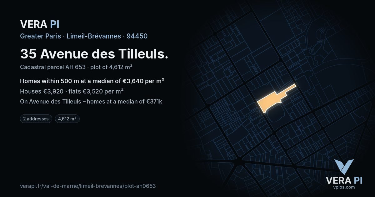 35 Avenue des Tilleuls, Limeil-Brévannes at night – the plot lit, the parcels around coloured by the prices near them