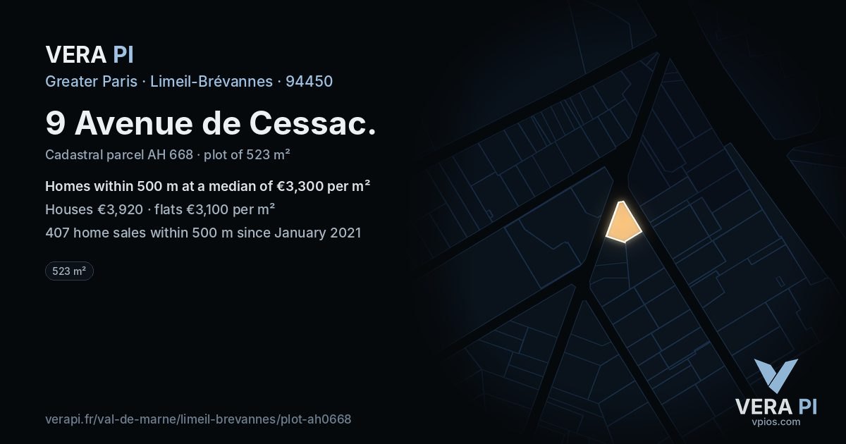 9 Avenue de Cessac, Limeil-Brévannes at night – the plot lit, the parcels around coloured by the prices near them